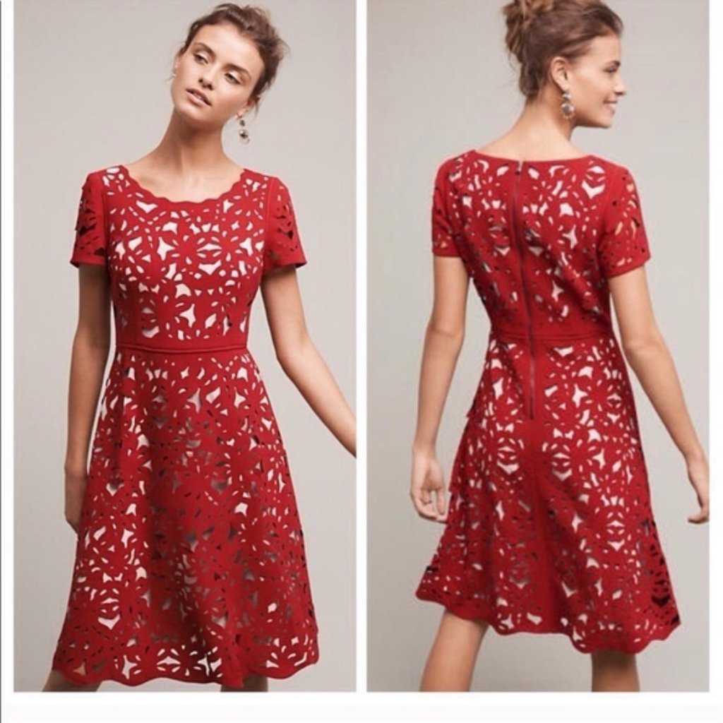 Anthro Moulinette Soeurs Red Laser Cut Dress Sz 4